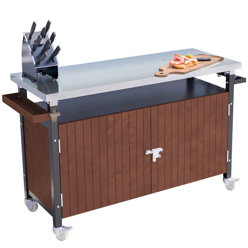 Grillwagen für draußen mit Tischplatte aus Edelstahl (Hocker nicht im Lieferumfang enthalten)
