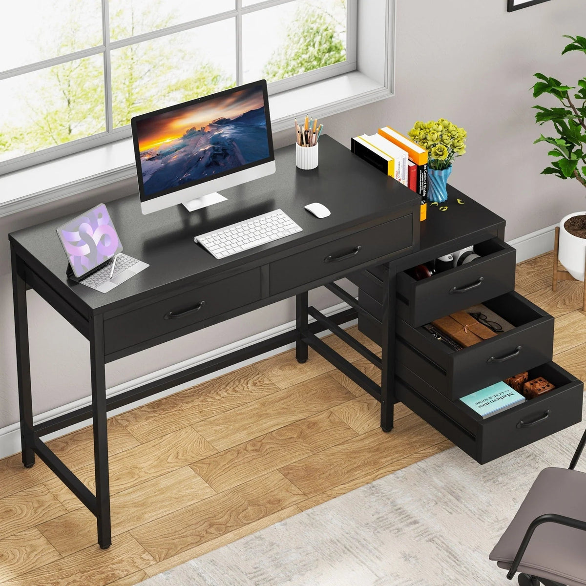 Wendbarer Computerschreibtisch mit 5 Schubladen, Schreibtisch fürs Homeoffice mit Aktenschublade und Druckerständer