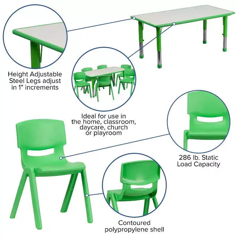 Ensemble table d’activités rectangulaire réglable en hauteur en plastique Emma and Oliver, 23.625W x 47.25L, avec 6 chaises
