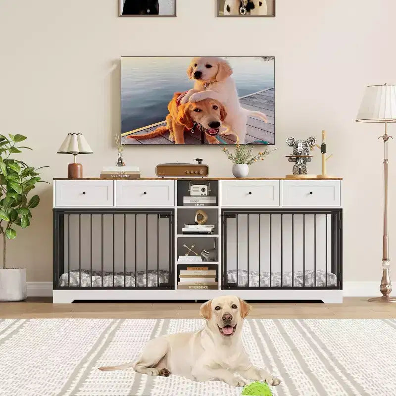 Meuble double cage pour chiens 82, grand chenil d’intérieur pour 2 chiens, cage en bois robuste faisant office de meuble TV avec 4 tiroirs et des étagères