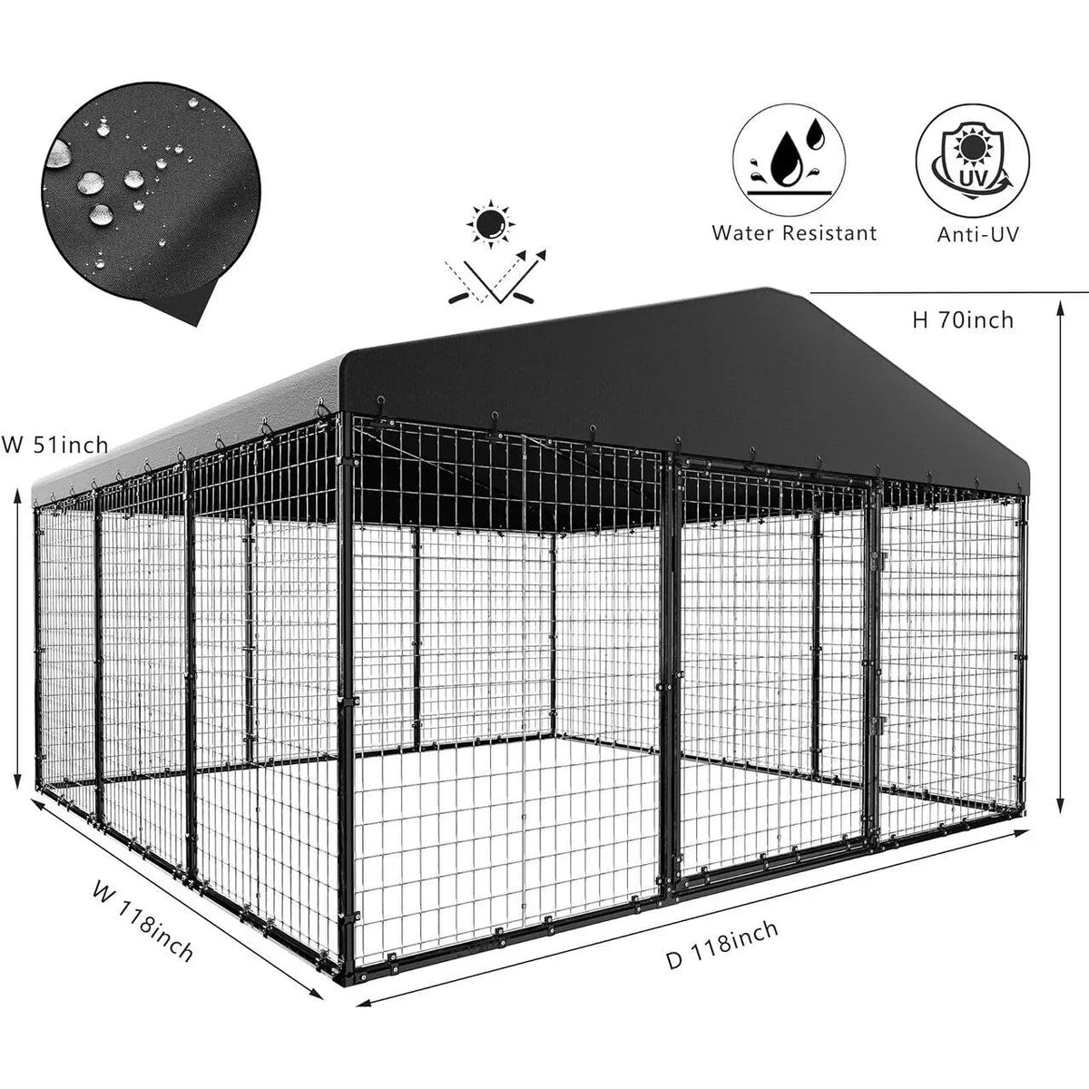 W 118 x P 118 x H 70, grande cuccia da esterno per cani, recinto robusto con tetto impermeabile