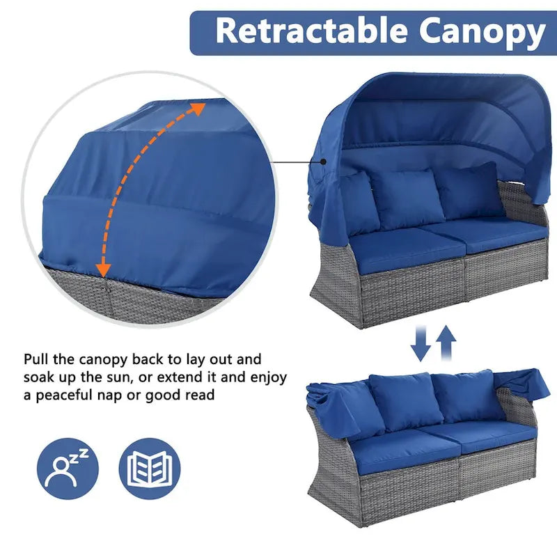 Graues Outdoor-Daybed aus Rattan mit Kissen und ausziehbarem Sonnendach