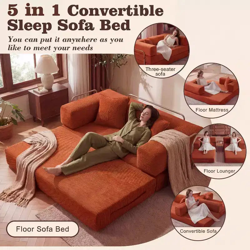 Dyonery 65-Zoll-Fünf-in-eins-Klappsofabett für den Boden, zum Doppelbett-Sofabett umwandelbar, mit festem Metallrahmen, Cord