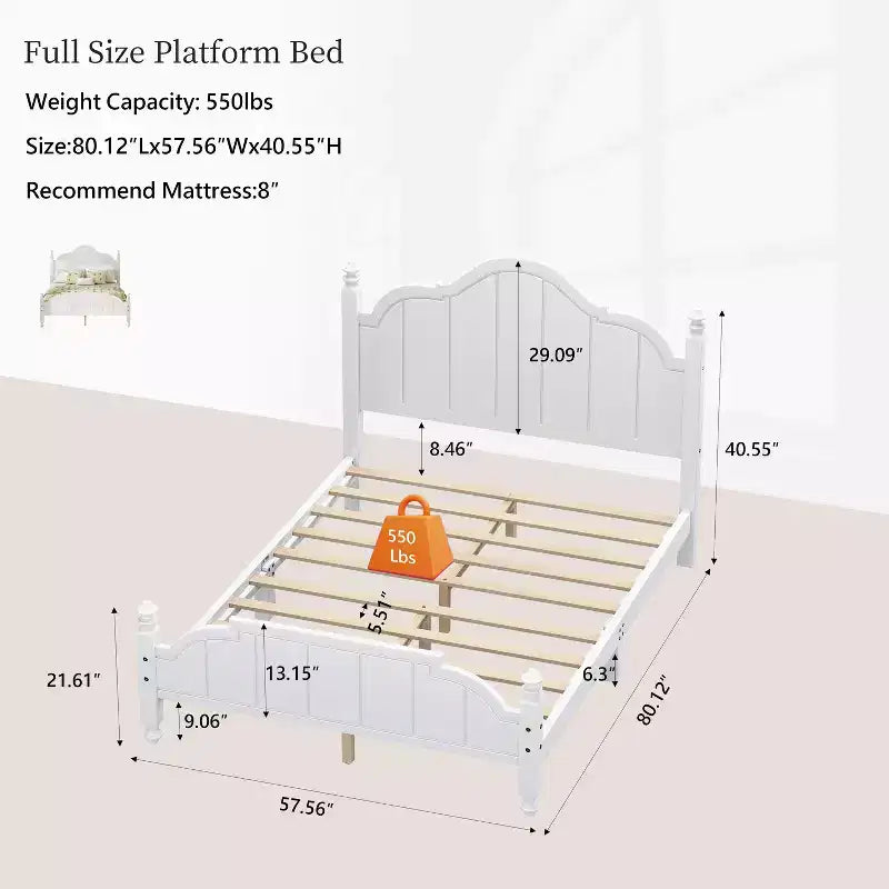 Vintage-Queen-Plattformbettgestell - Massives Kiefernholz, MDF-Kopfteil, kein Boxspring erforderlich