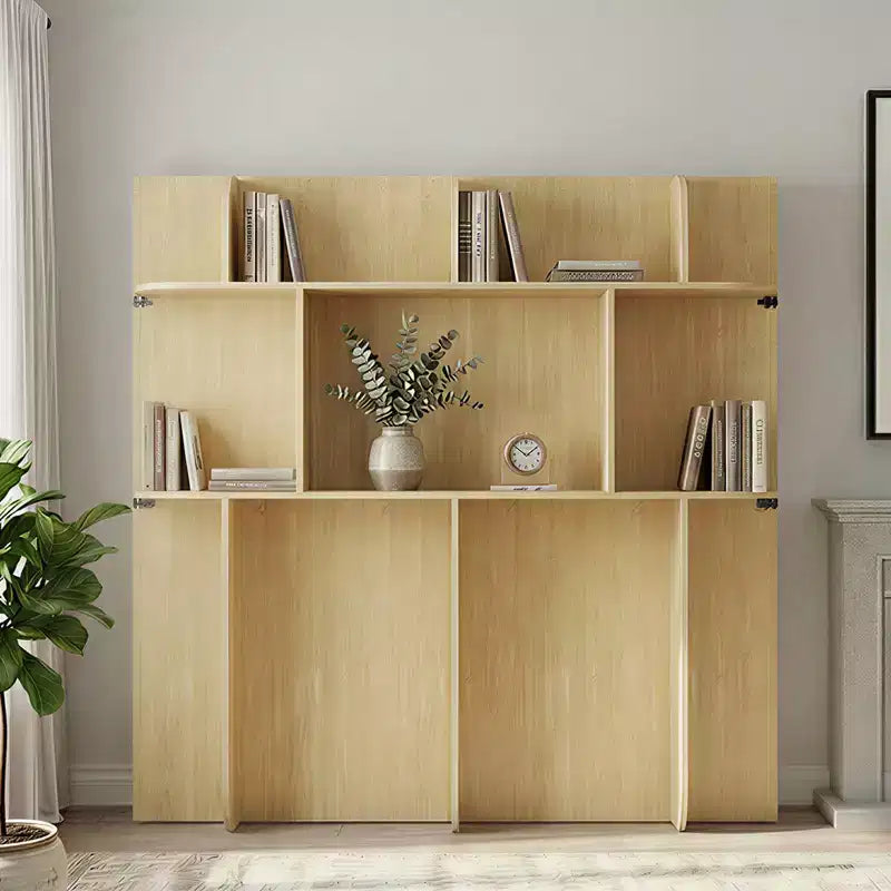 Lit escamotable invisible 2-en-1 avec étagères de rangement, grand lit, bois naturel (matelas non inclus)