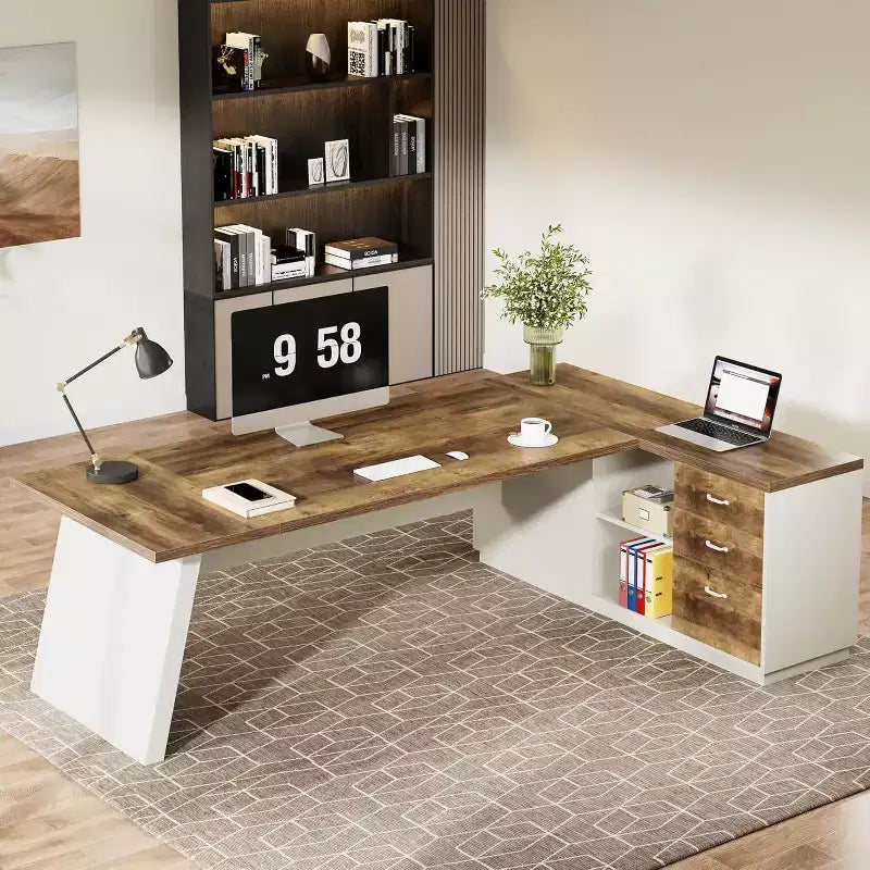 Moderner Lantine-Chefschreibtisch in L-Form, 78 L, mit Schubladen und seitlichem Aktenschrank