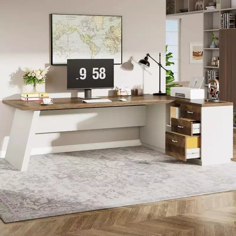 Moderner Lantine-Chefschreibtisch in L-Form, 78 L, mit Schubladen und seitlichem Aktenschrank