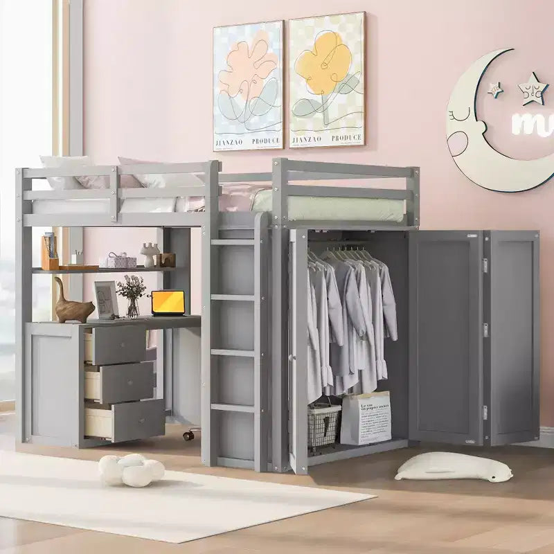 CLIHOME Hochbett in voller Größe mit 3 Aufbewahrungsschubladen, Schreibtisch und Kleiderschrank