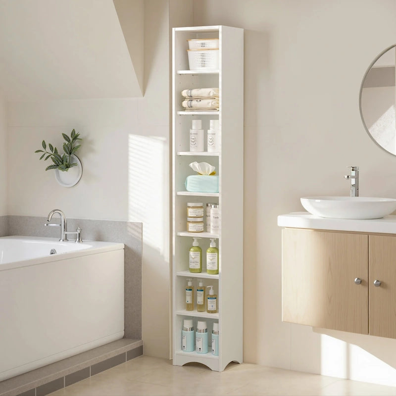 Armoire à linge étroite VECELO de 70.9 pouces de haut pour salle de bains, meuble de rangement autoportant en bois massif à 8 niveaux