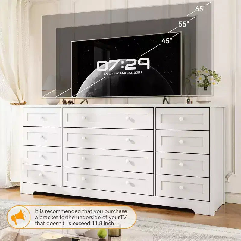 Commode en bois à 12 tiroirs pour chambre, meuble TV moderne et large pour téléviseur de 65 pouces, commode en bois, rangement champêtre pour vêtements dans le salon