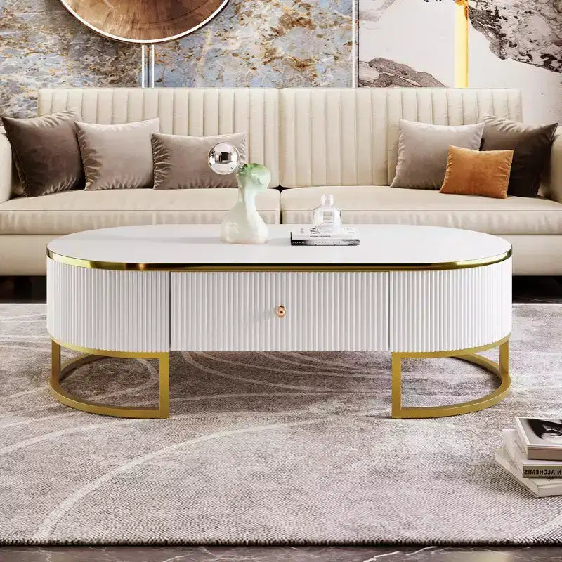 47W moderner Couchtisch, Wohnzimmertisch, Beistelltisch mit Schubladen, geschwungenes Design, goldene Metallbeine, oval, weiß+gold-ModernLuxe