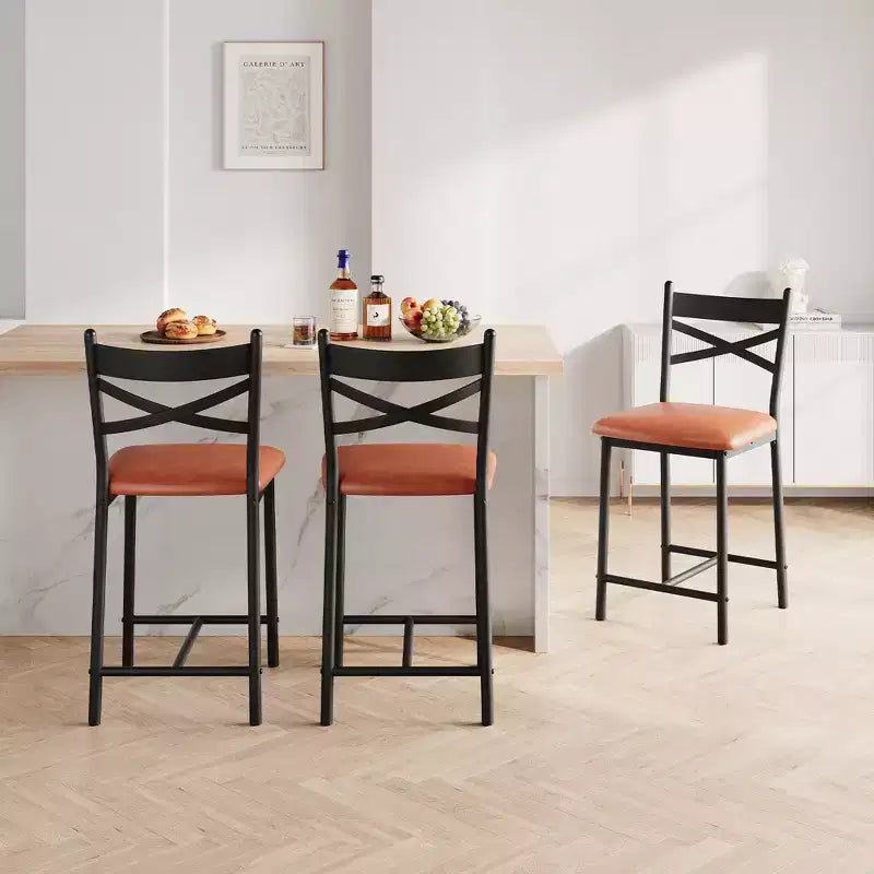 Barhocker, 4er-Set, Barstühle mit PU-Polsterung, Kücheninselstühle mit X-förmiger Rückenlehne und Metallfußstütze, schwarze Stühle in Thekenhöhe