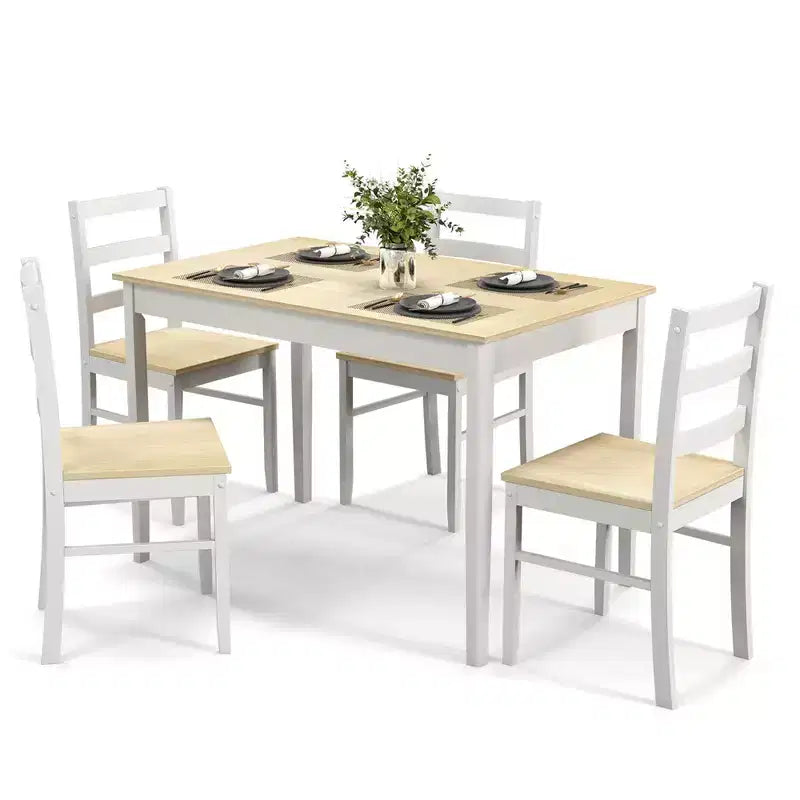 Costway 5-teiliges Esszimmer-Set aus Massivholz, Küchenmöbel mit rechteckigem Tisch und 4 Stühlen, Natur/Kaffee/Grau