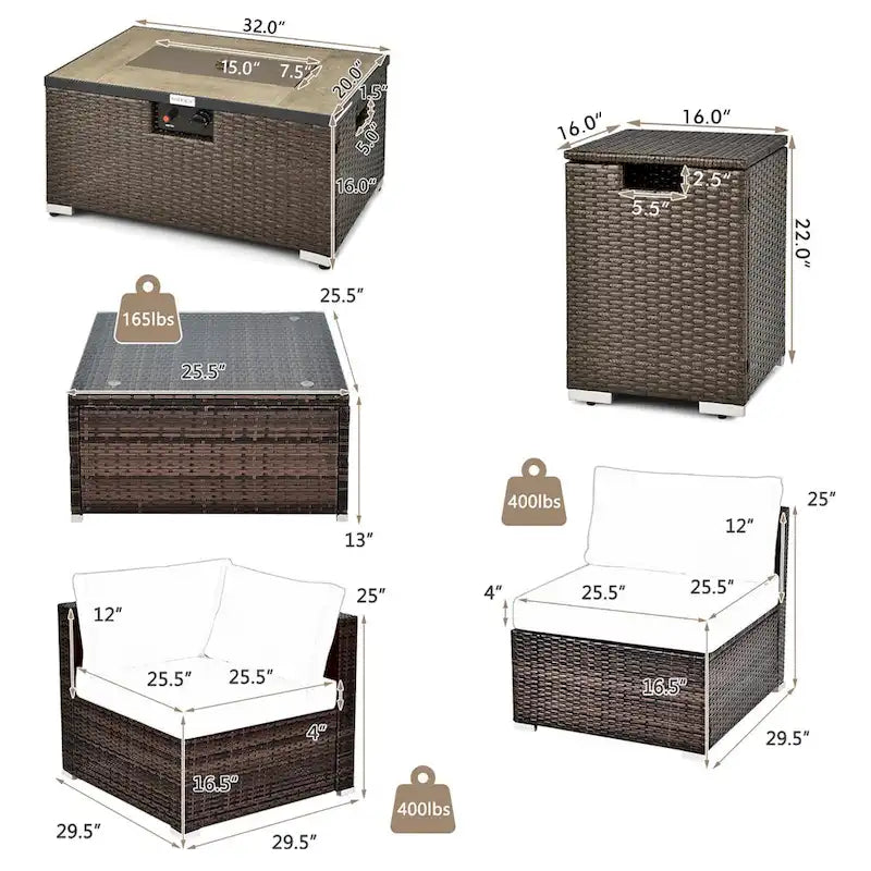8-teiliges Gartenmöbel-Set aus Rattan mit Feuertisch, Tankhalter, Abdeckung und Terrassenmöbeln
