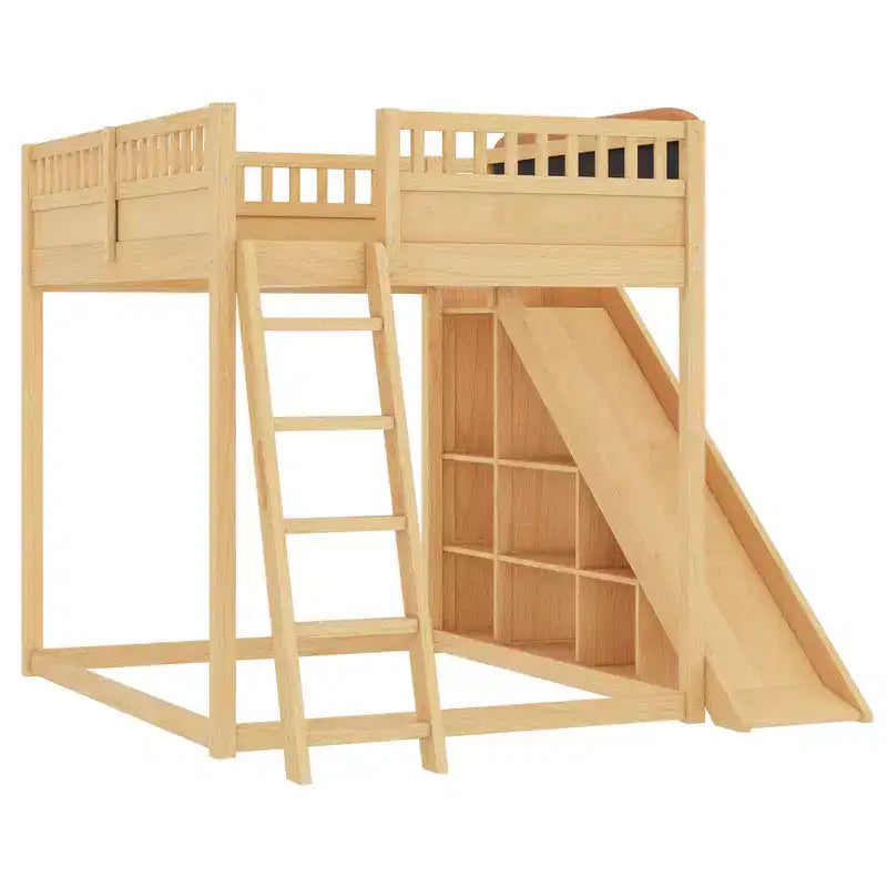 Lit mezzanine Bellemave avec tête de lit rembourrée et étagères de rangement, cadre en bois massif avec échelle et toboggan pour enfants