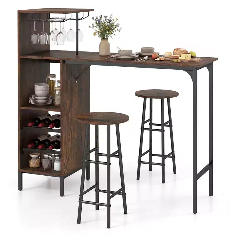 Costway barta felset van 3 stuks, industriële bartafel en krukken met wijnflessenrek, bruin/eik