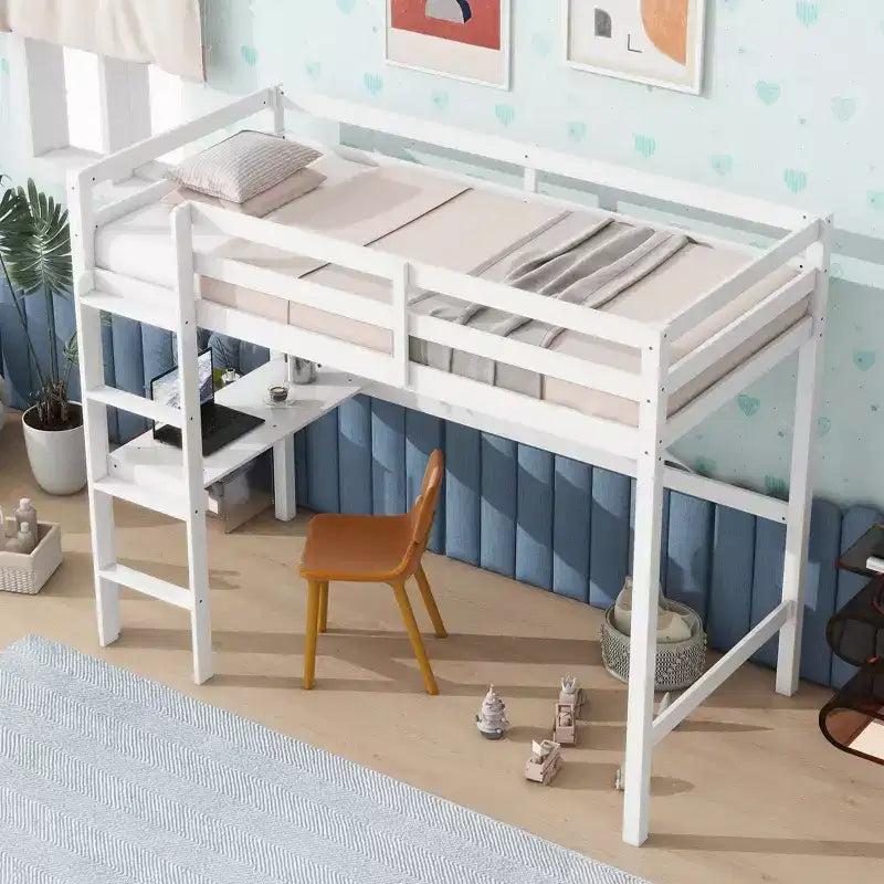 Lit mezzanine minimaliste Okak avec échelle, lit mezzanine pour lit simple en bois d’hévéa avec garde-corps de sécurité et bureau intégré, cadre de lit pour enfants et adolescents