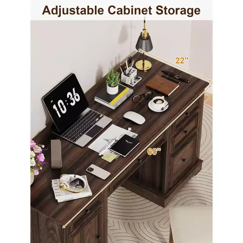 Dyonery 60-Zoll-Schreibtisch im Landhausstil mit Schubladen und Aktenschrank, Schreibtisch aus Holz mit geprägter Struktur fürs Homeoffice, Schwarz/Braun/Weiß und Braun