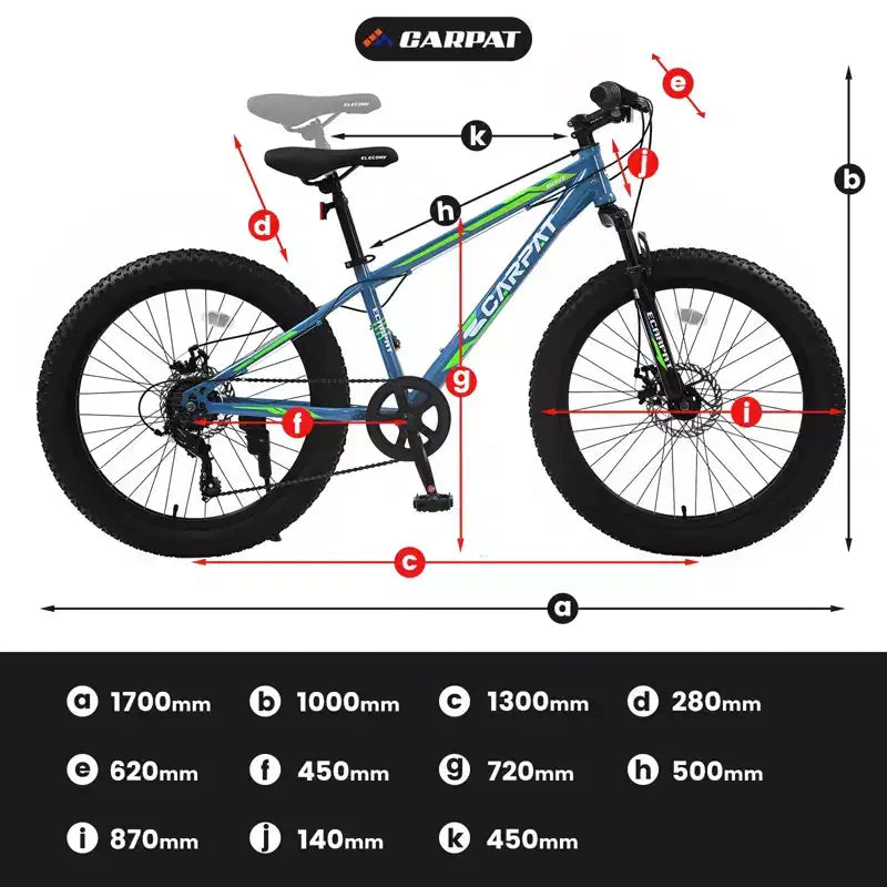 Bicicletta Okak da 24IN con pneumatici larghi e sospensione anteriore, mountain bike a 7 velocità con freno a disco e telaio in acciaio ad alto tenore di carbonio, bici da trail per gli spostamenti