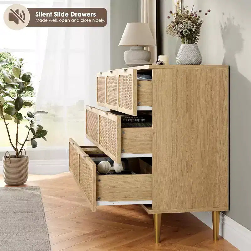 Rattan-Kommoden mit 7 Schubladen fürs Schlafzimmer, hohe Kommode mit tiefen Schubladen, große Schubladenkommode für den Kleiderschrank mit breiter Ablagefläche, Holzkommode fürs Wohnzimmer