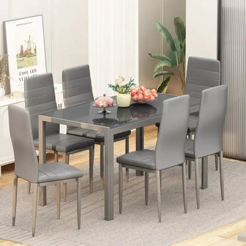 Grondin moderne 7-delige eettafelset met tafelblad van gehard glas en 6 met PU-leer beklede stoelen