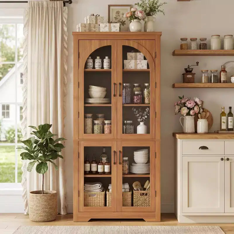 Dispensa da cucina alta 70, mobile espositivo moderno con 4 ante ad arco in vetro e ripiani regolabili, per cucina, soggiorno, sala da pranzo e bagno