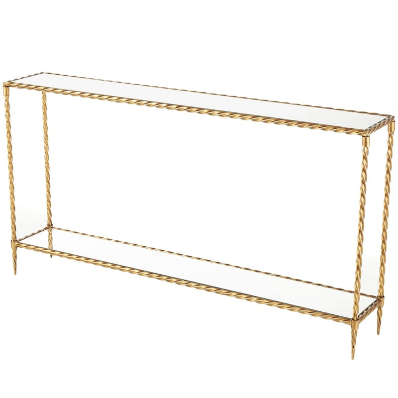 Konsolentisch mit 1 Ablage, inspiriert von gedrehtem Metallseil, mit verspiegelter Glasplatte und Ablage - Gold - Roche River Decor