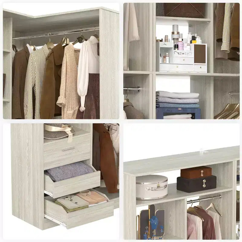 Besiost Set aus 2 Eck-Kleiderschranksystemen mit Regaltürmen, freistehender Kleiderschrank-Organizer mit Schubladen