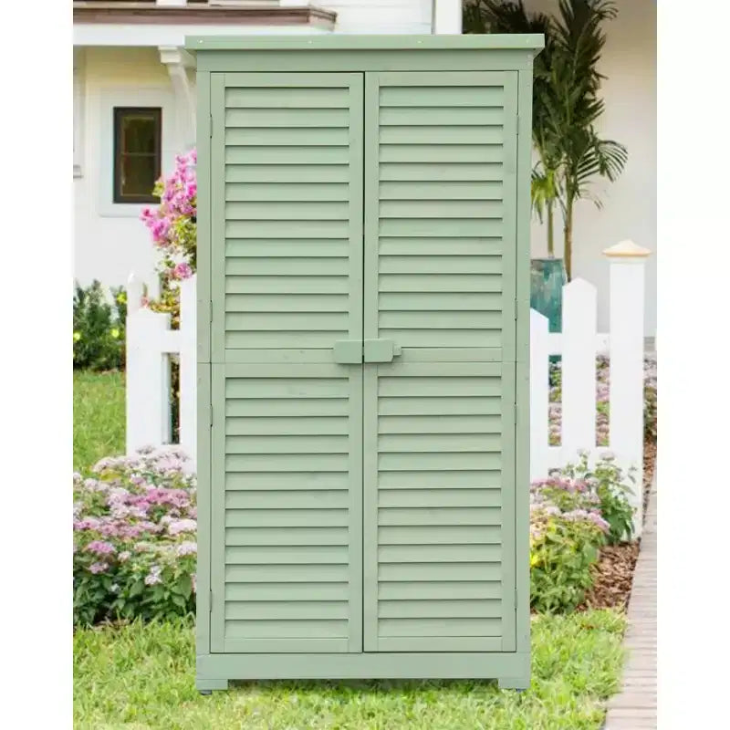 Abri de rangement extérieur étanche de 63 pouces, avec étagères amovibles, serrures, doubles portes à volets, grand abri en bois pour outils de jardin avec plancher pour terrasse et jardin