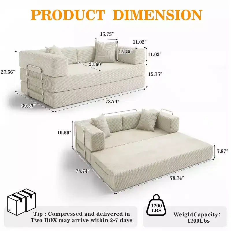 Dyonery 78 Klappsofabett, umwandelbares Cordsofa, Kingsize-Bodenschlafsofa, 4-in-1-DIY-Kombination, modulares Schlafsofa zum Ausklappen, bequemes Sofa.