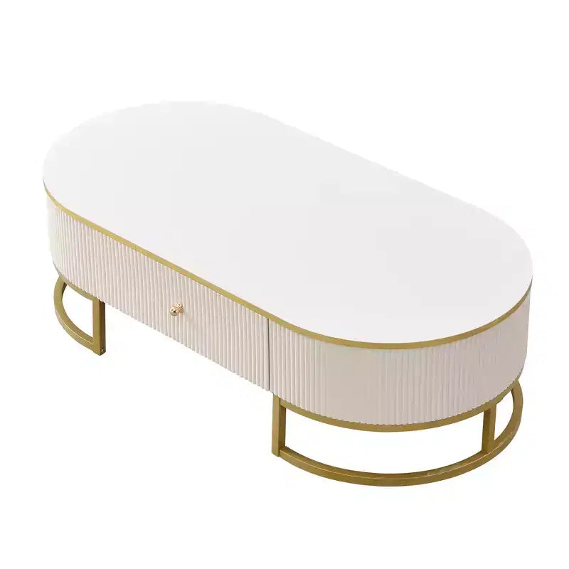 Table basse moderne 47W avec tiroirs, profil incurvé, pieds en métal doré, ovale, blanc et or - ModernLuxe