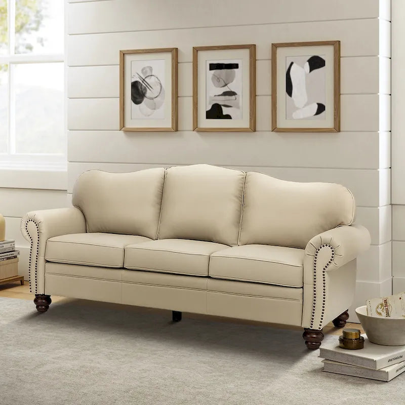 Canapé Balvino 81 pouces de style transitionnel en cuir véritable, avec accoudoirs arrondis, clous décoratifs et coussins amovibles