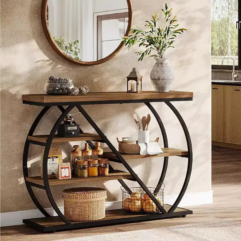 Lantine 41.3 consoletafel, industriële haltafel met 5 niveaus, opbergplanken en gebogen metalen frame, houten haltafel voor de entree