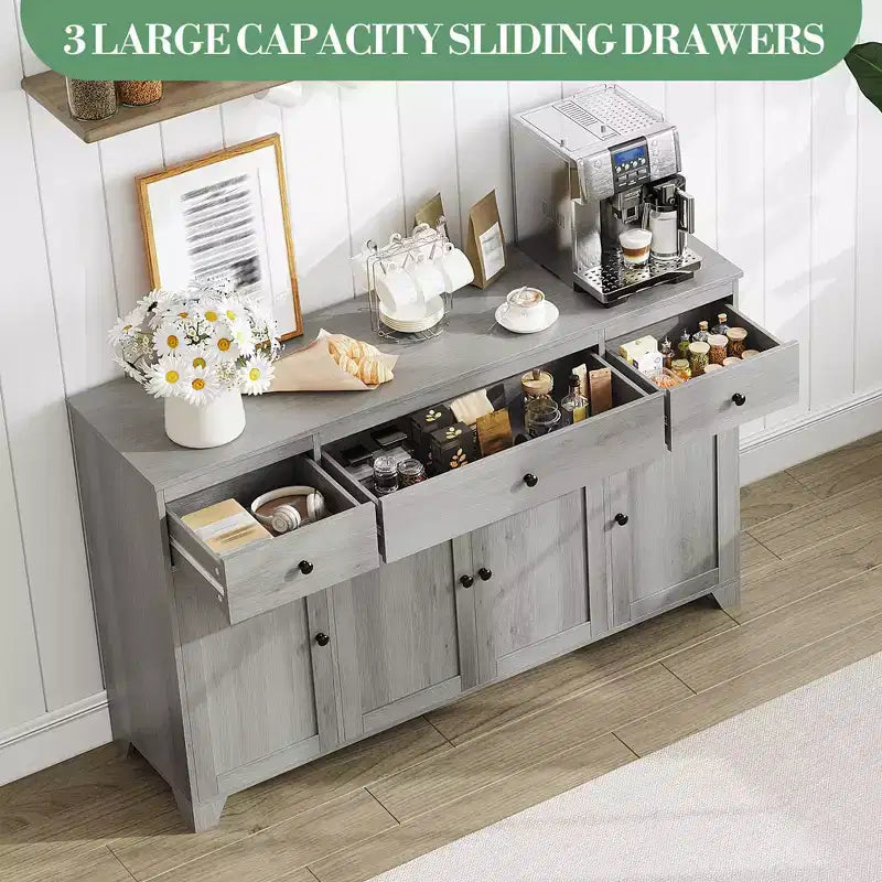 Buffet 55 avec 3 tiroirs et 4 portes, meuble de rangement de cuisine avec étagère réglable, pour la salle à manger ou le salon