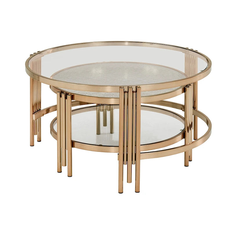 Table Bruges à plateau en verre texturé et finition or champagne avec étagère, par iNSPIRE Q Bold