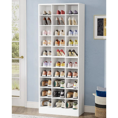 Hoher Schuhschrank für 30 Paar Schuhe, weißes Schuhregal aus Holz mit 10 Ebenen für Kleiderschrank und Eingangsbereich - 10 Ebenen