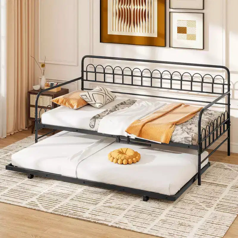 Costway Einzel-Tagesbett mit Ausziehbett, geschwungener Rückenlehne und Armlehnen, robuste Metallstreben, Schwarz/Gold