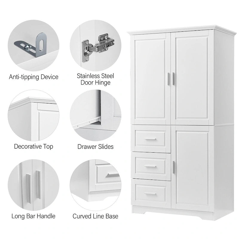 Armoire de rangement haute et large avec portes pour salle de bains, trois tiroirs