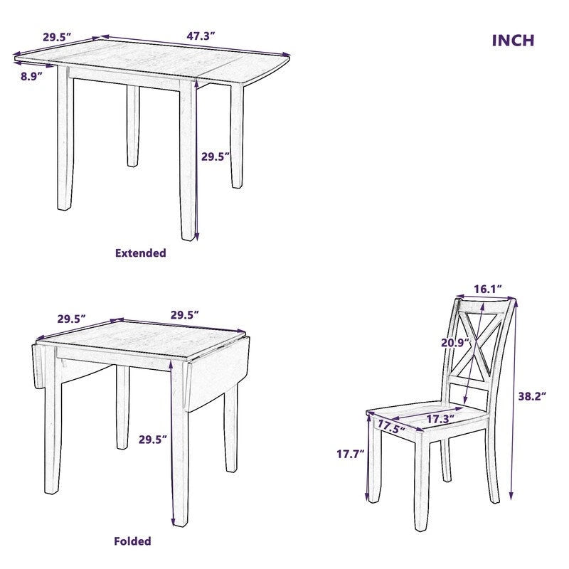 Ensemble de table de petit-déjeuner en bois à abattants, 3 pièces, avec 2 chaises à dossier en X, pour petits espaces