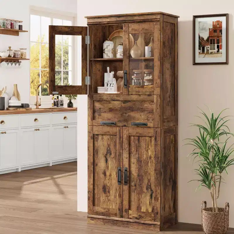 Mobiletto da bagno grande da 66.9 con 4 ante, mobile contenitore autoportante con ante in vetro, ripiani regolabili e cassetti per cucina, dispensa e soggiorno