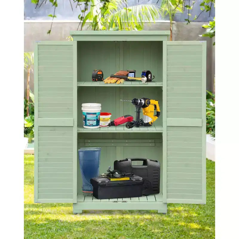 Abri de rangement extérieur étanche de 63 pouces, avec étagères amovibles, serrures, doubles portes à volets, grand abri en bois pour outils de jardin avec plancher pour terrasse et jardin