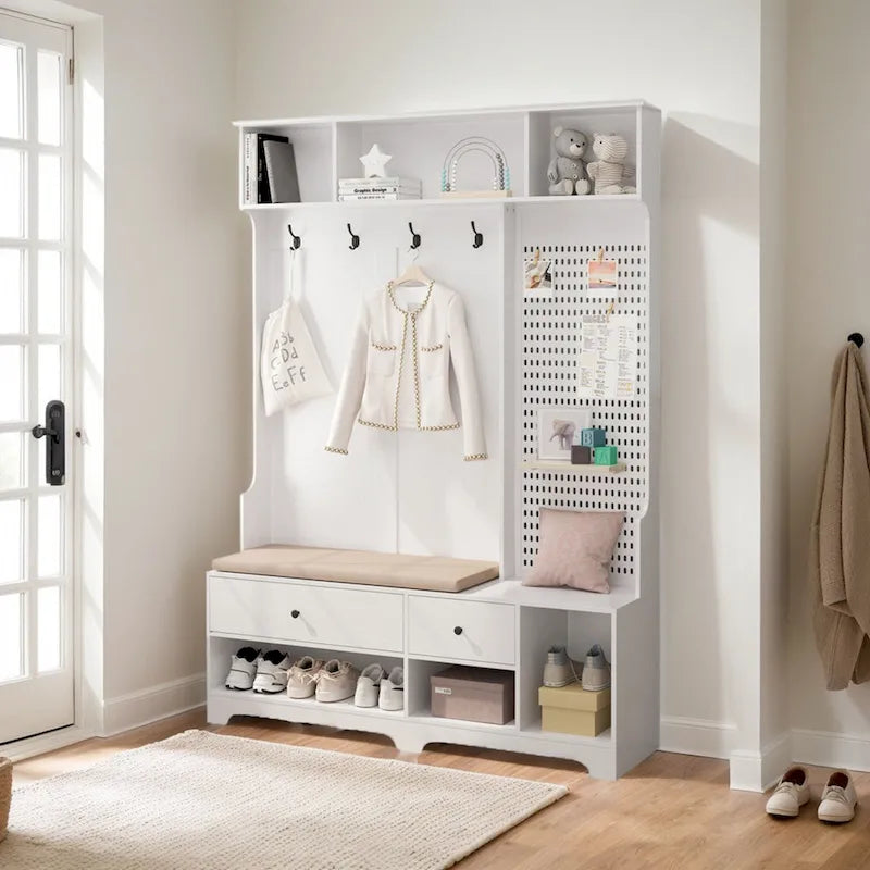 GDFStudio - Appendiabiti multifunzione Finn con panca portascarpe, pannello forato e ampio spazio contenitivo