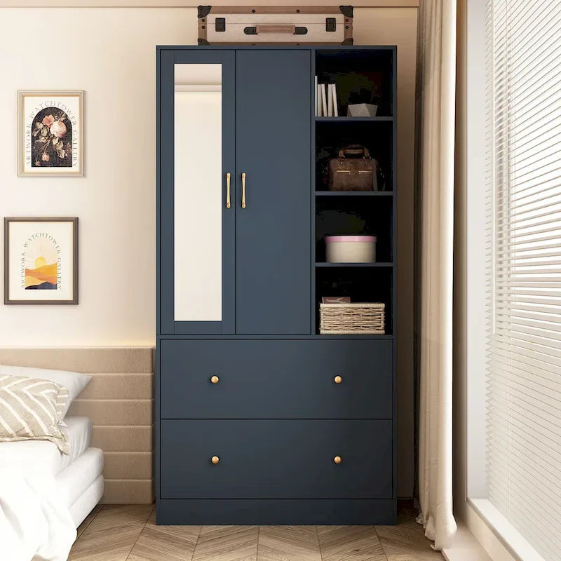 Kleiderschrank mit Spiegel und verstellbarem Kleiderstangenbereich, platzsparend