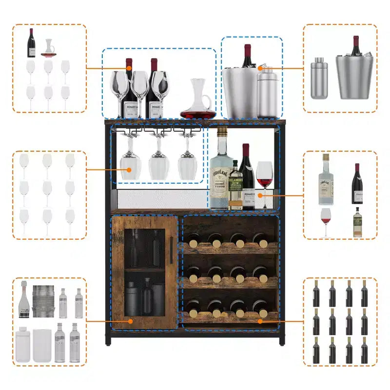 Grijze industriële wijnkast met 3 niveaus (12+ flessen) 36H x 24W x 15D, afneembaar rek, 9 glashouders en verstelbare planken voor thuis of de bar