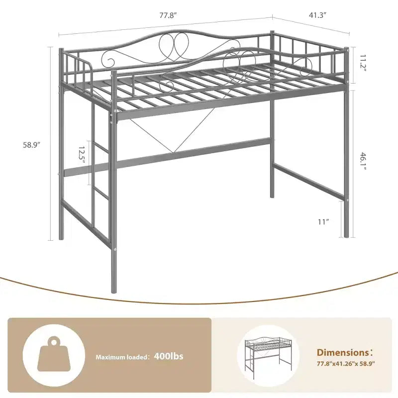 Hochbett in Einzelbettgröße mit abnehmbarer Leiter und umlaufendem Schutzgeländer, robustes Metallgestell, Belastbarkeit 400 lbs, platzsparend