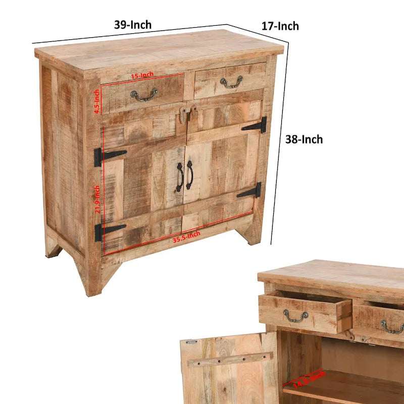 Mobile consolle in legno di mango artigianale in stile rustico, con 2 cassetti e 2 ante, largo 39 pollici, marrone rustico