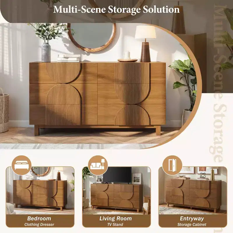 Moderne geometrische Kommode mit 6 Schubladen, breiter Stauraumschrank mit Halbkreismuster für Schlafzimmer und Wohnzimmer