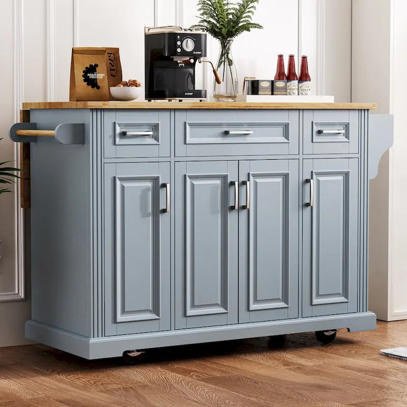 54 Grote keukeneiland met uitklapbaar blad van rubberhout, verrijdbare keukentrolley met reliëfstructuur, 4 wielen, 4 deuren en 3 laden