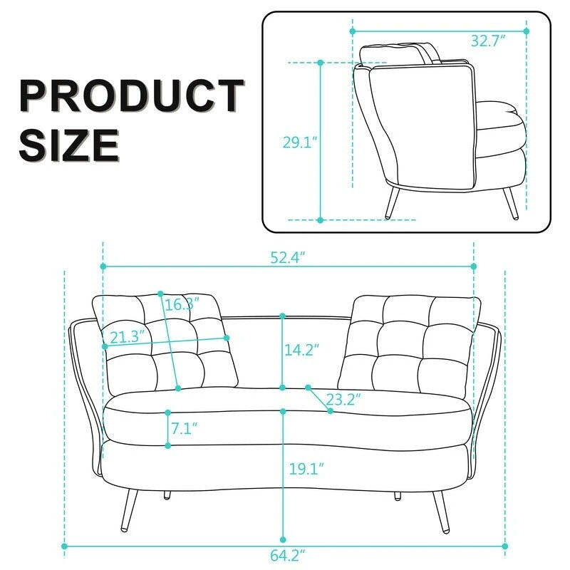 Gepolstertes Sofa mit goldfarbenen Metallbeinen, Club-Zweisitzer für Wohn- und Lesezimmer, Schlafzimmer, Apartment, kleine Räume und Wohnheime