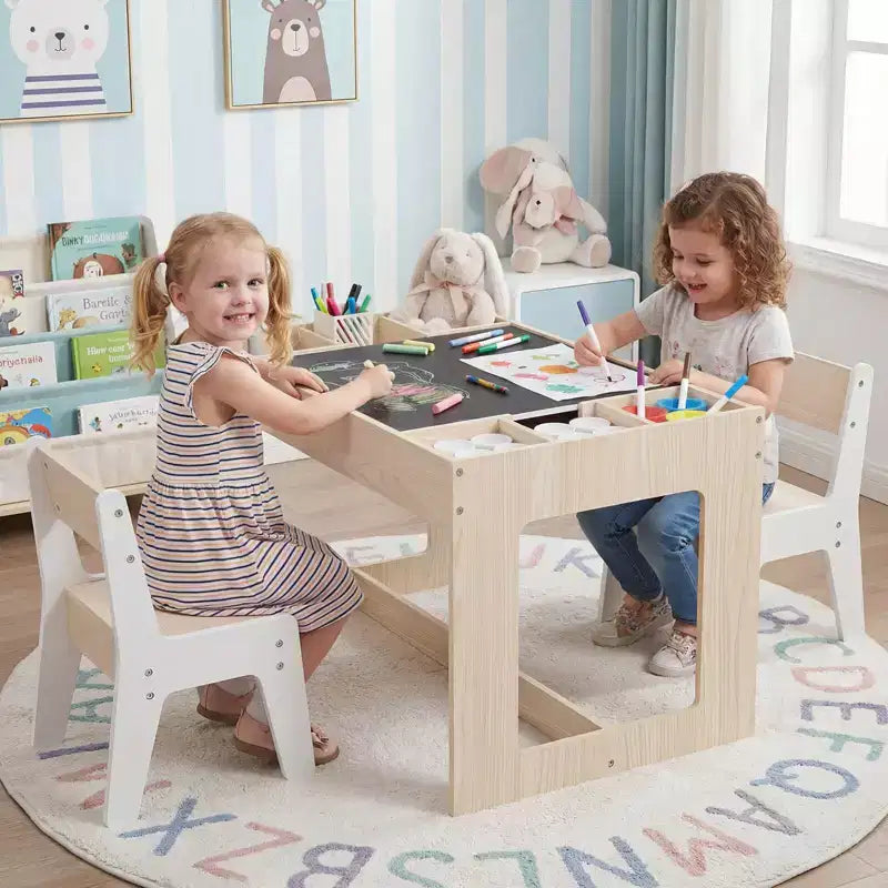 Costway multifunktionales Kindertisch- und 2-Stühle-Set mit abnehmbarer, doppelt großer Tischplatte, Grau + Weiß/Natur + Weiß
